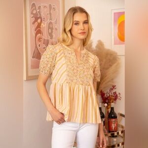 VOY Margo Striped Floral Eyelette Cotton Peplum Top for Spring (Size M)